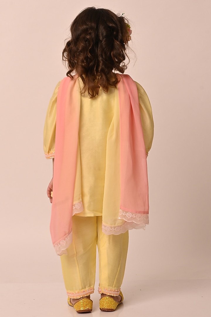 Pastel Yellow Chanderi Stone & Sequin Embroidered Kurta Set For Girls by Klistel at Pernia's Pop Up Shop
