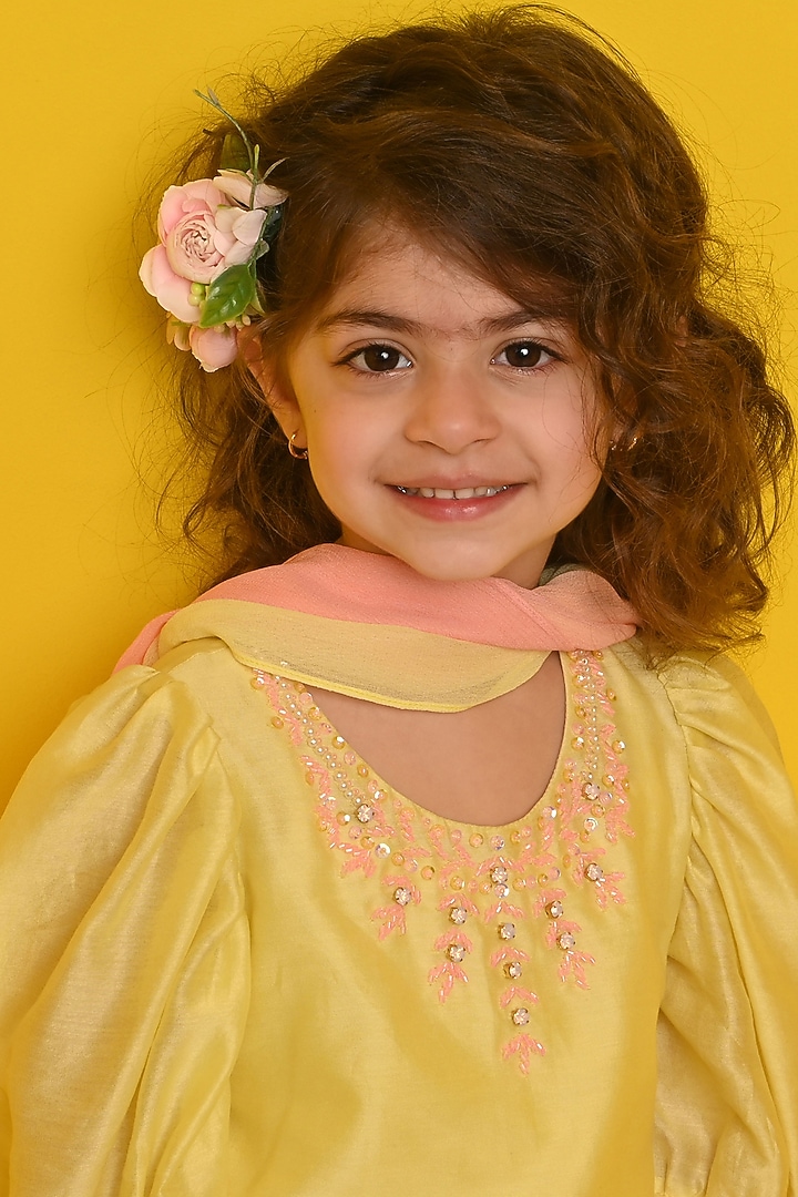 Pastel Yellow Chanderi Stone & Sequin Embroidered Kurta Set For Girls by Klistel at Pernia's Pop Up Shop
