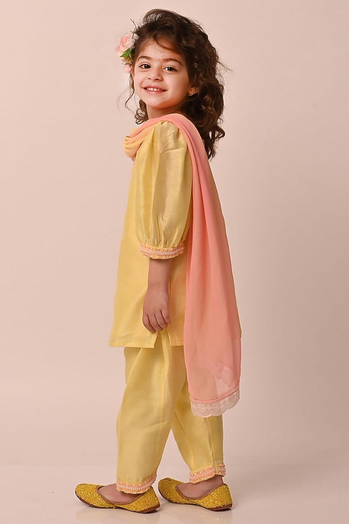 Pastel Yellow Chanderi Stone & Sequin Embroidered Kurta Set For Girls by Klistel at Pernia's Pop Up Shop