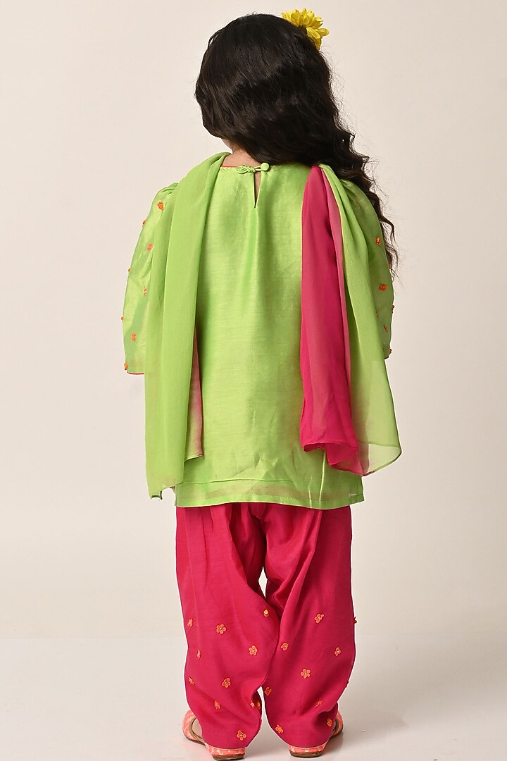 Parrot Green Chanderi Sequin Embroidered Kurta Set For Girls by Klistel at Pernia's Pop Up Shop