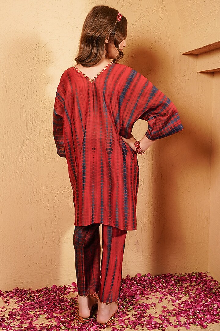 Maroon Pure Chanderi Tie-Dye Printed Kaftan Set For Girls by Klistel at Pernia's Pop Up Shop