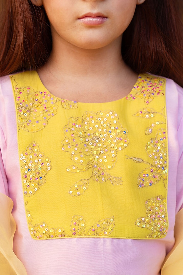 Rose Pink Chanderi Silk & Organza Sequin Embroidered Kurta Set For Girls by Klistel at Pernia's Pop Up Shop