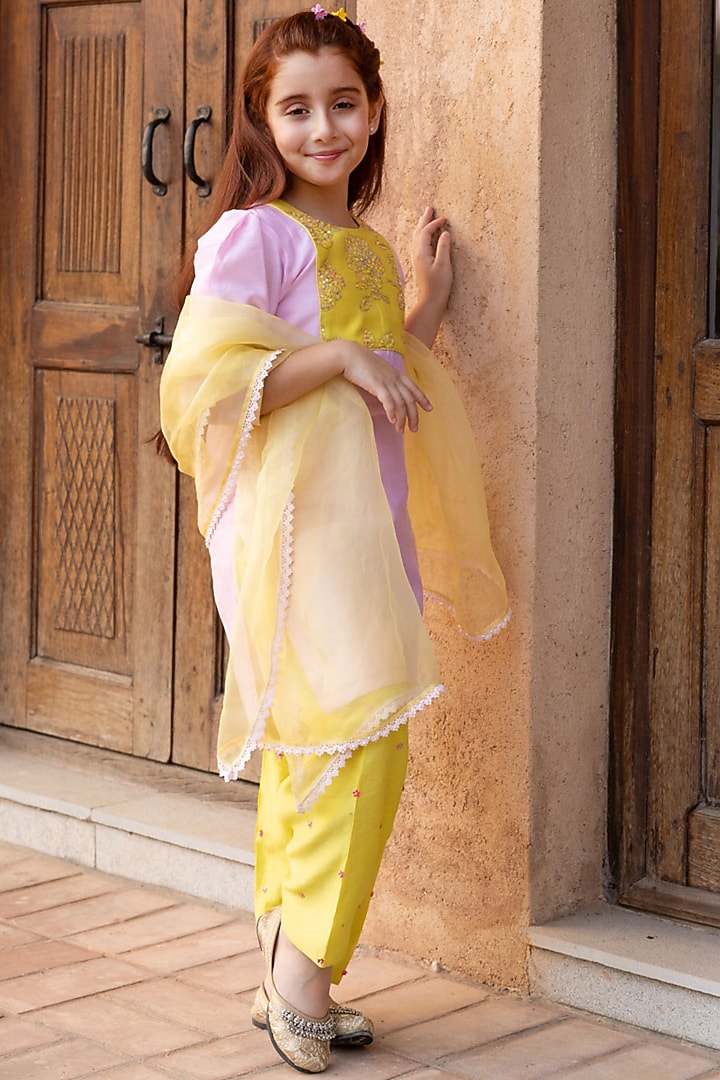 Rose Pink Chanderi Silk & Organza Sequin Embroidered Kurta Set For Girls by Klistel at Pernia's Pop Up Shop