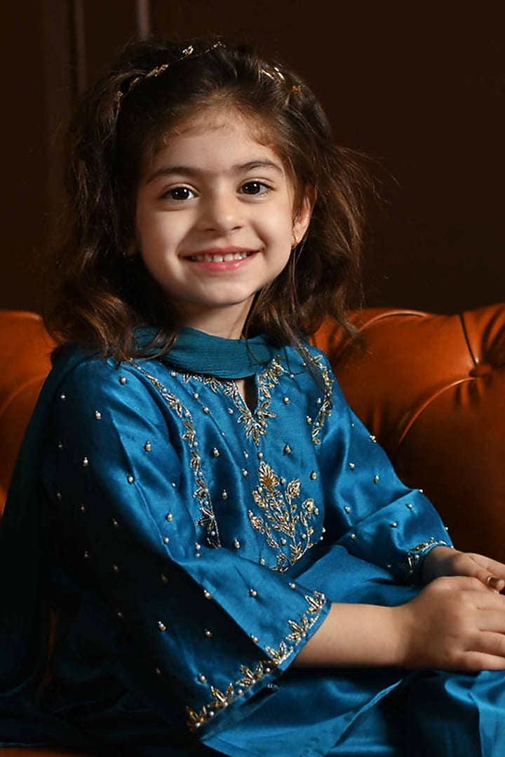 Peacock Teal Blue Pure Silk Chanderi Dabka Embroidered Kurta Set For Girls by Klistel at Pernia's Pop Up Shop