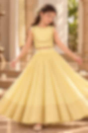 Yellow Chanderi Cotton Silk Dabka Hand Embroidered Lehenga Set For Girls by Klistel at Pernia's Pop Up Shop