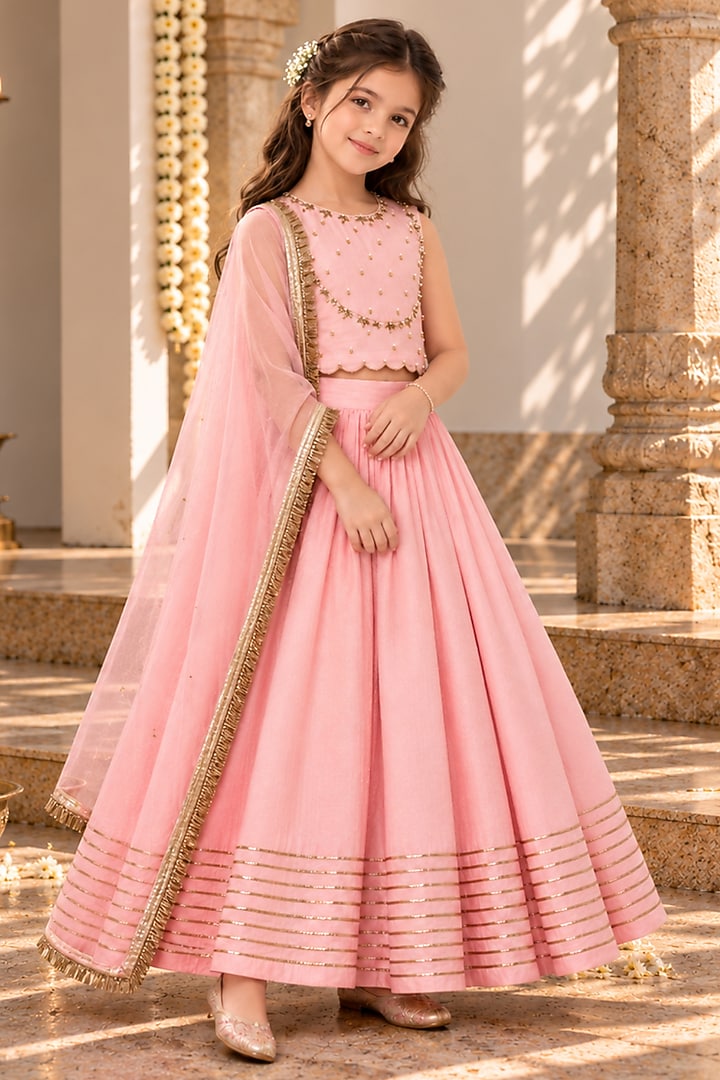 Baby Pink Chanderi Cotton Silk Dabka Hand Embroidered Lehenga Set For Girls by Klistel at Pernia's Pop Up Shop