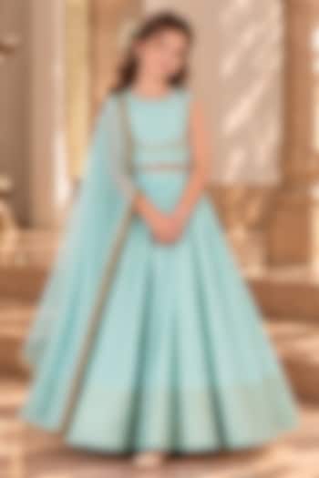 Aqua Blue Chanderi Cotton Silk Dabka Hand Embroidered Lehenga Set For Girls by Klistel at Pernia's Pop Up Shop