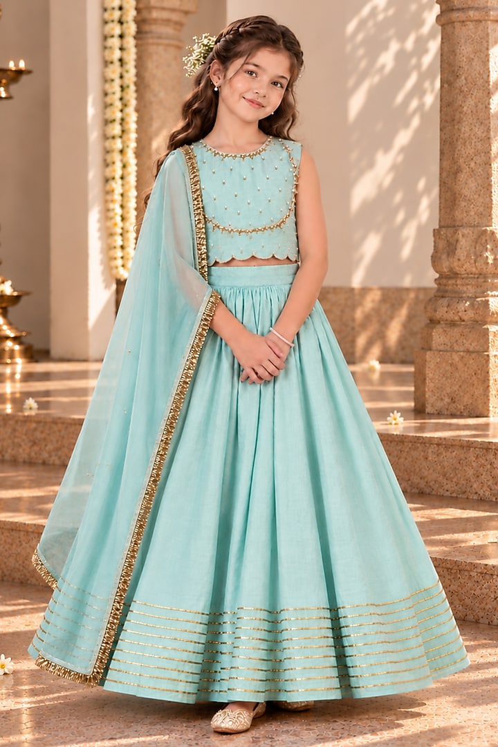 Aqua Blue Chanderi Cotton Silk Dabka Hand Embroidered Lehenga Set For Girls by Klistel at Pernia's Pop Up Shop