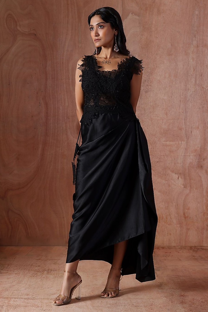 Black Organza & Modal Satin Textured Vacation Dress by Kliitche by Isha Kedia at Pernia's Pop Up Shop