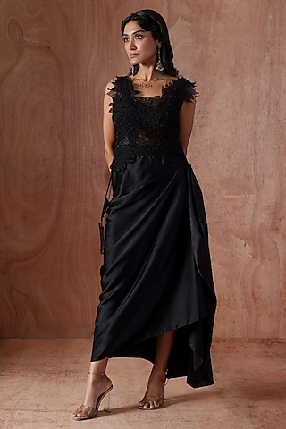 Black Organza & Modal Satin Textured Dress by Kliitche by Isha Kedia