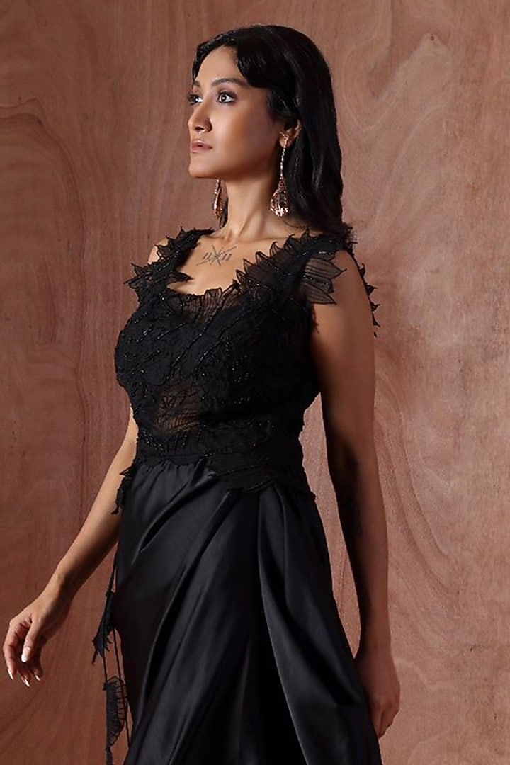 Black Organza & Modal Satin Textured Vacation Dress by Kliitche by Isha Kedia at Pernia's Pop Up Shop