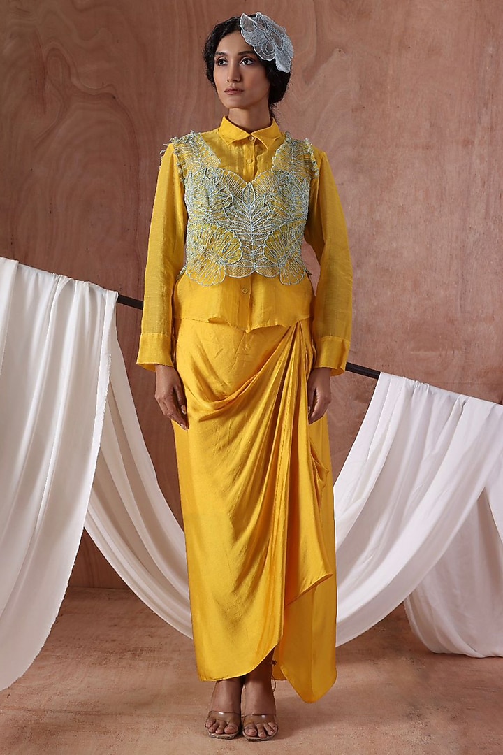 Yellow Modal Satin Draped Skirt Set by Kliitche by Isha Kedia at Pernia's Pop Up Shop