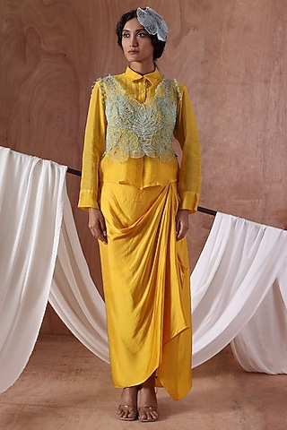 Yellow Modal Satin Draped Skirt Set by Kliitche by Isha Kedia
