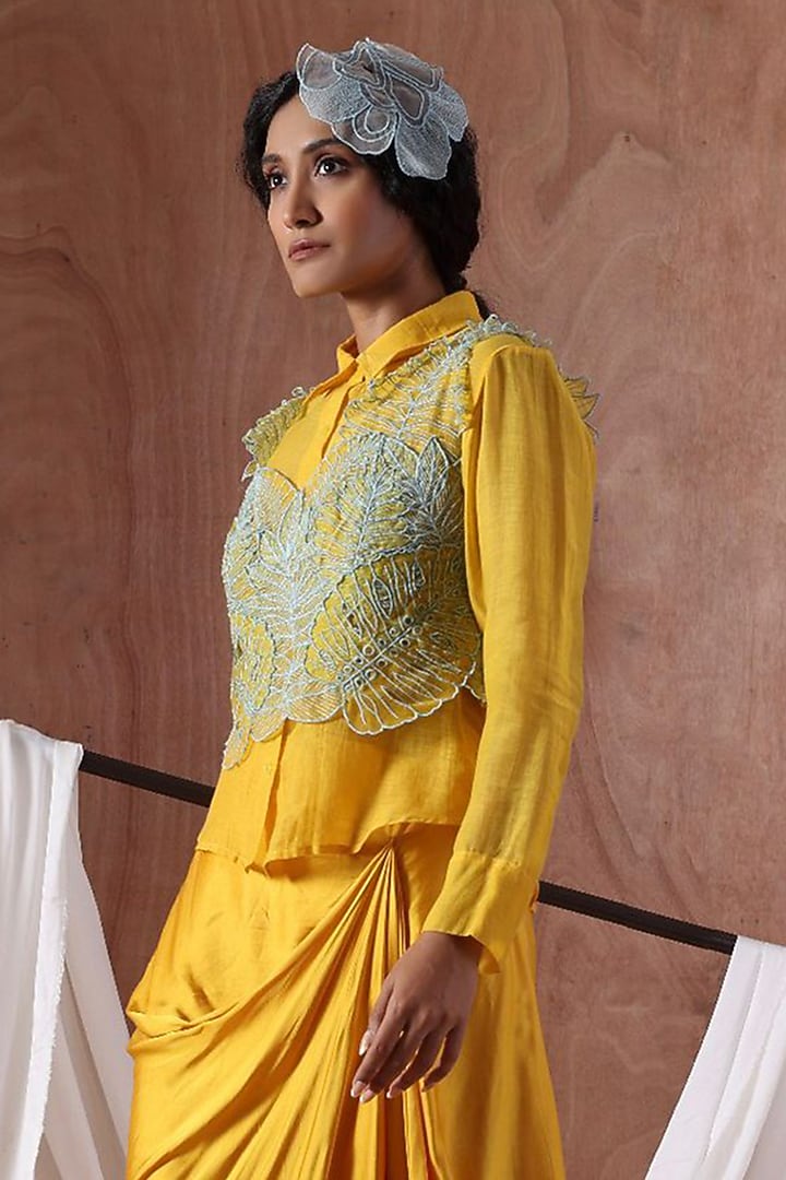 Yellow Modal Satin Draped Skirt Set by Kliitche by Isha Kedia at Pernia's Pop Up Shop