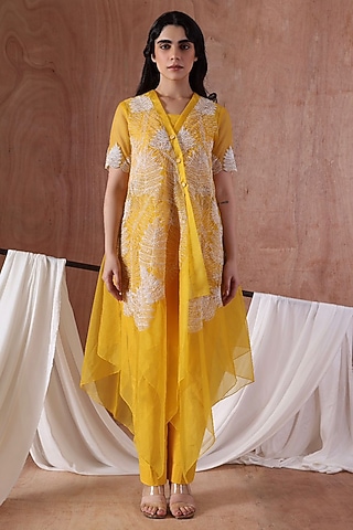Mustard Organza Embroidered Jacket Set by Kliitche by Isha Kedia