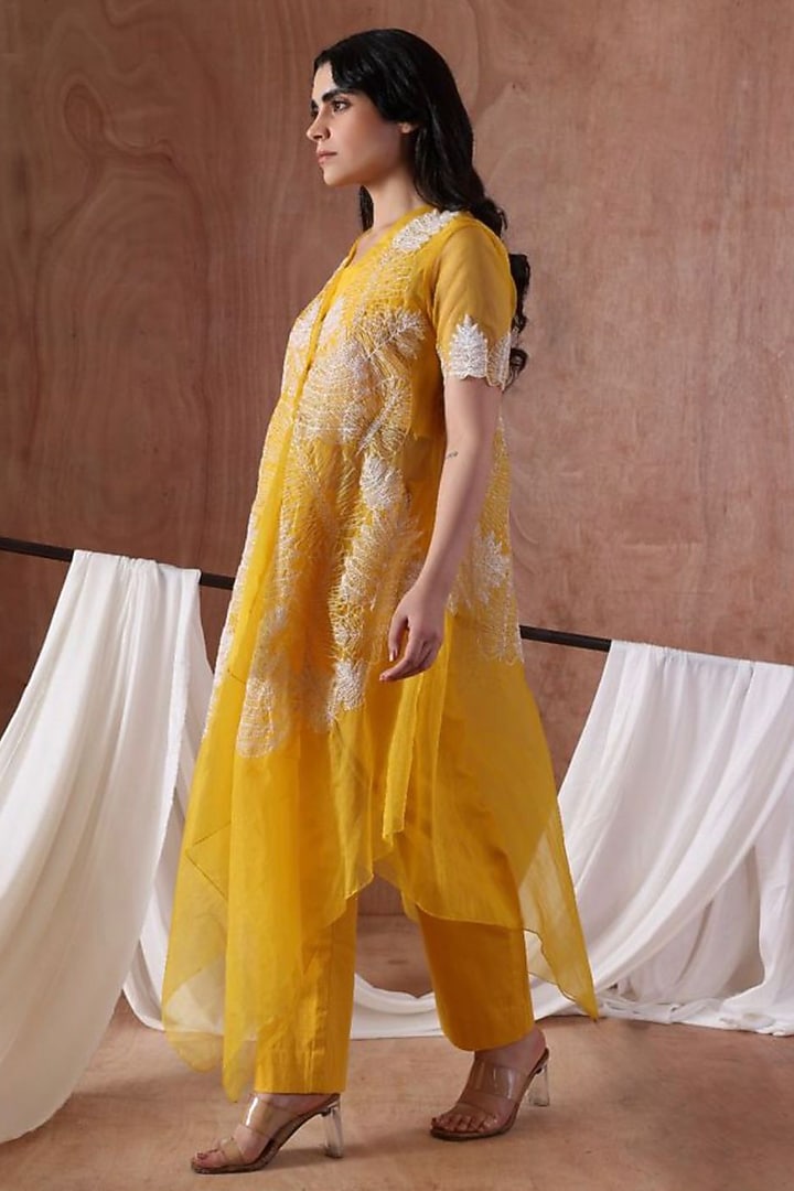 Mustard Organza Embroidered Jacket Set by Kliitche by Isha Kedia at Pernia's Pop Up Shop