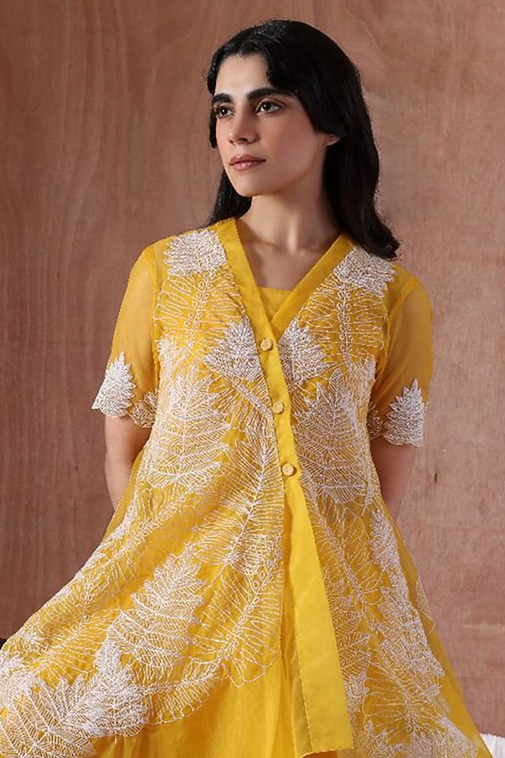Mustard Organza Embroidered Jacket Set by Kliitche by Isha Kedia at Pernia's Pop Up Shop