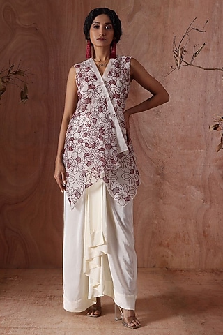 Ivory Modal Satin Pleated Skirt Set by Kliitche by Isha Kedia