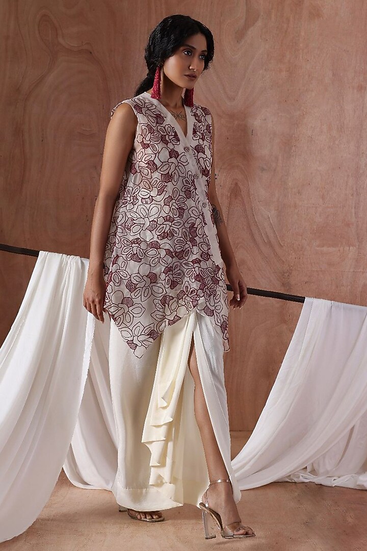 Ivory Modal Satin Pleated Skirt Set by Kliitche by Isha Kedia at Pernia's Pop Up Shop
