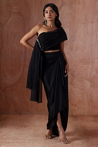Black Organza Pleated Skirt Set by Kliitche by Isha Kedia