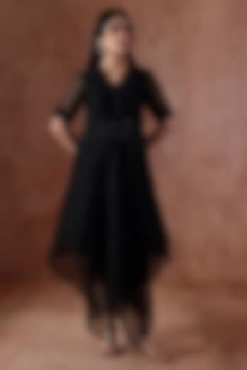 Black Organza Embroidered Asymmetric Vacation Dress by Kliitche by Isha Kedia at Pernia's Pop Up Shop