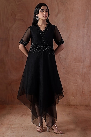 Black Organza Embroidered Asymmetric Dress by Kliitche by Isha Kedia