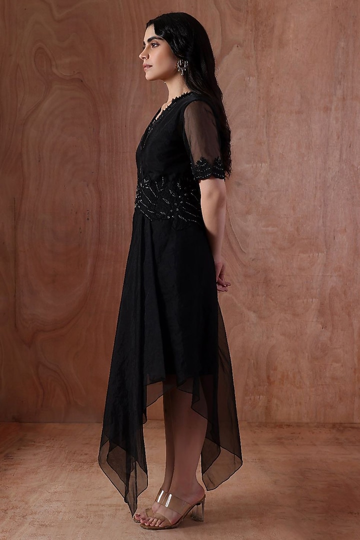 Black Organza Embroidered Asymmetric Vacation Dress by Kliitche by Isha Kedia at Pernia's Pop Up Shop
