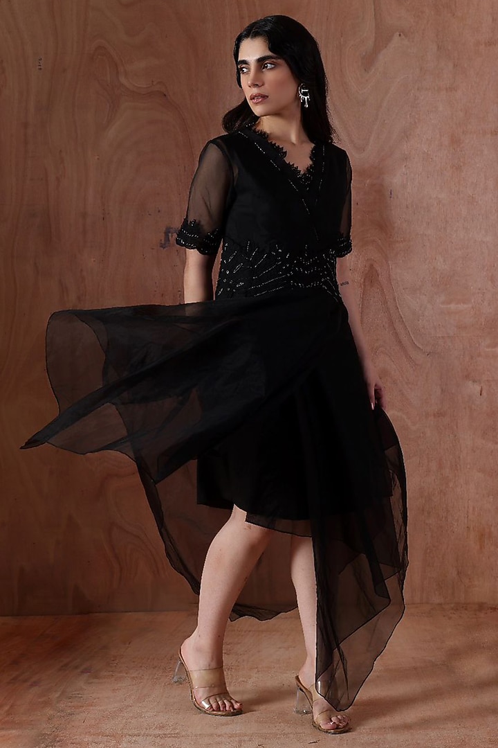 Black Organza Embroidered Asymmetric Vacation Dress by Kliitche by Isha Kedia at Pernia's Pop Up Shop