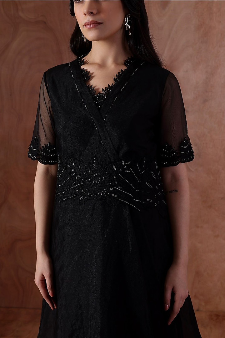 Black Organza Embroidered Asymmetric Vacation Dress by Kliitche by Isha Kedia at Pernia's Pop Up Shop