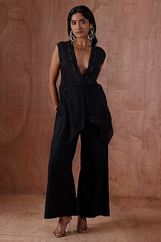 Black Crepe & Giza Cotton Co-Ord Set by Kliitche by Isha Kedia