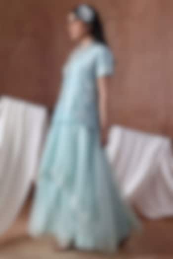 Powder Blue Crepe & Organza Layered Skirt Set by Kliitche by Isha Kedia at Pernia's Pop Up Shop