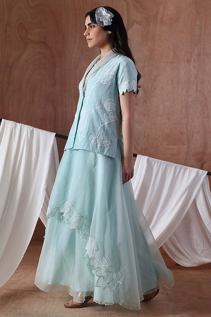 Powder Blue Crepe & Organza Layered Skirt Set by Kliitche by Isha Kedia at Pernia's Pop Up Shop