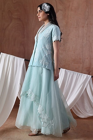Powder Blue Crepe & Organza Layered Skirt Set by Kliitche by Isha Kedia