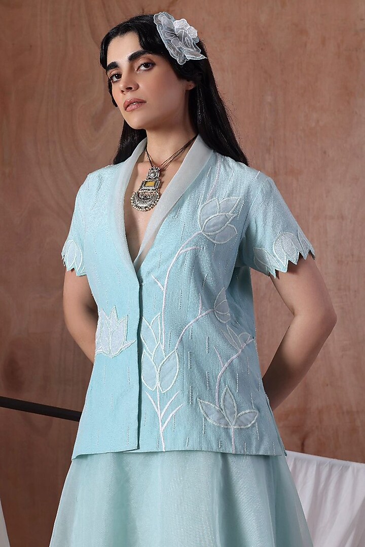 Powder Blue Crepe & Organza Layered Skirt Set by Kliitche by Isha Kedia at Pernia's Pop Up Shop
