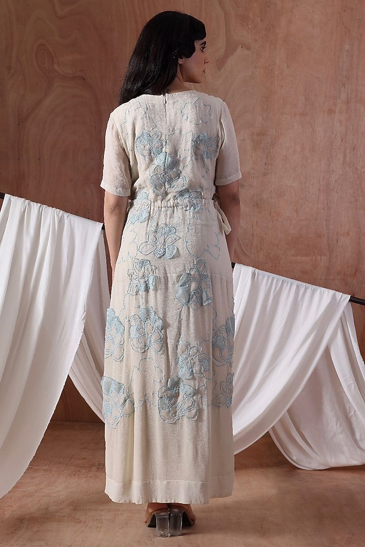 Ivory Georgette & Organza Floral Embroidered Party Wear Gown by Kliitche by Isha Kedia at Pernia's Pop Up Shop