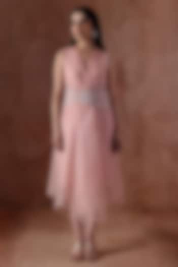 Pink Sheer Organza Embellished Asymmetric Vacation Dress by Kliitche by Isha Kedia at Pernia's Pop Up Shop