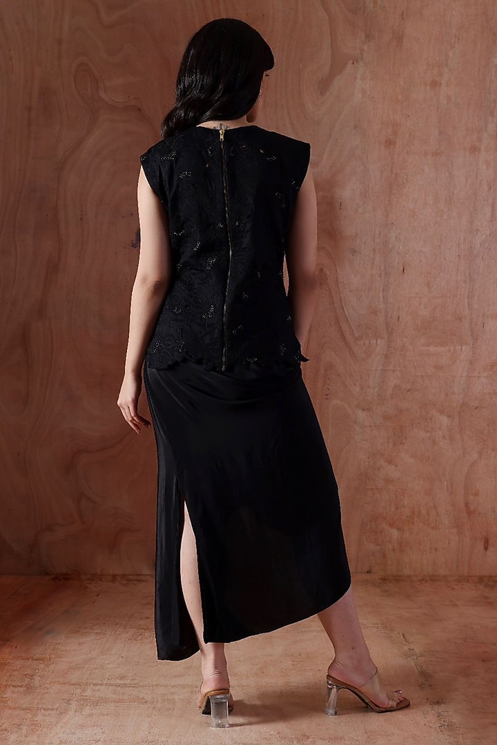 Black Modal Satin Draped Asymmetric Skirt Set by Kliitche by Isha Kedia at Pernia's Pop Up Shop