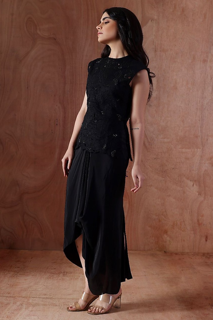 Black Modal Satin Draped Asymmetric Skirt Set by Kliitche by Isha Kedia at Pernia's Pop Up Shop