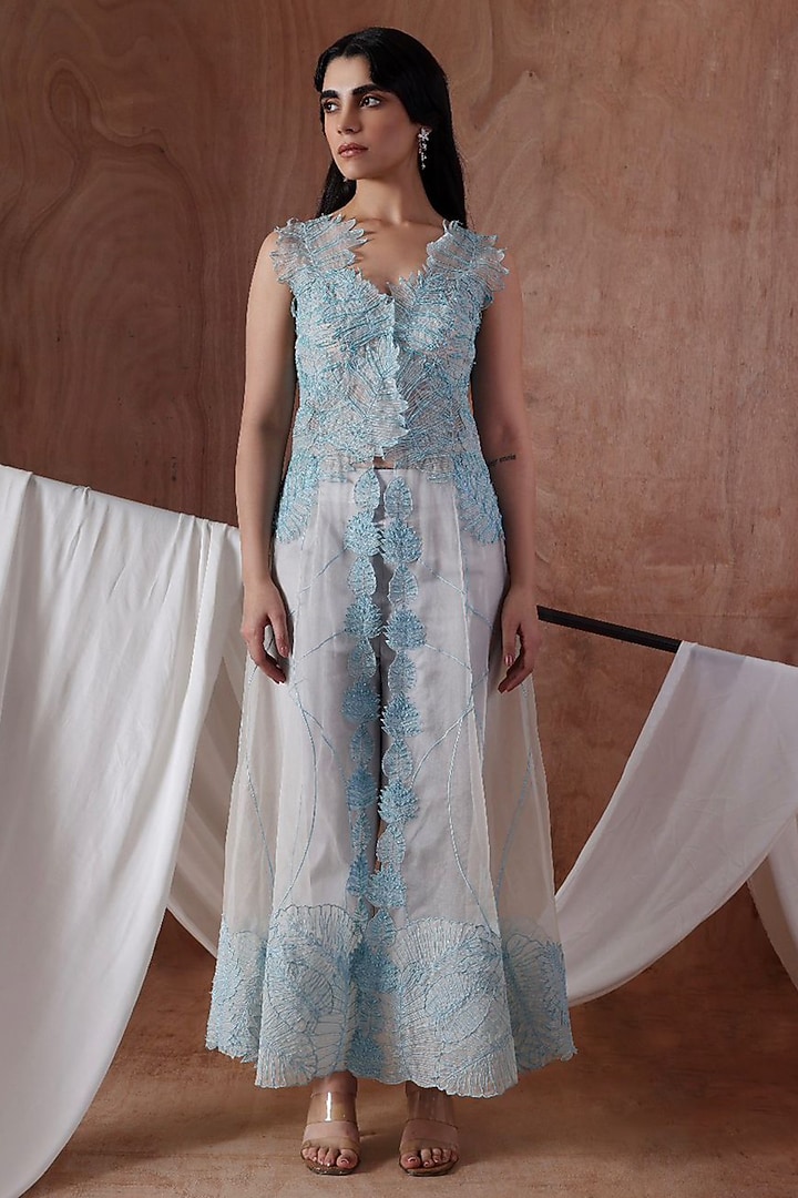 Powder Blue Organza Embroidered Co-Ord Set by Kliitche by Isha Kedia at Pernia's Pop Up Shop
