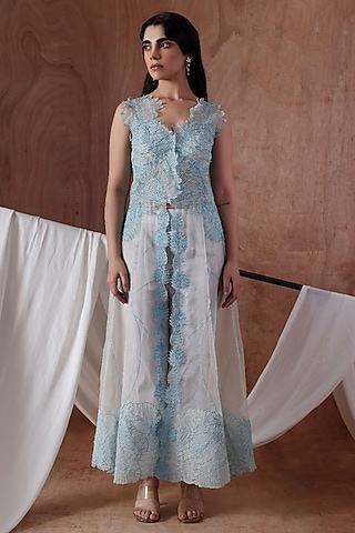 Powder Blue Organza Embroidered Co-Ord Set by Kliitche by Isha Kedia