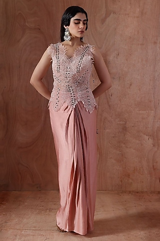 Blush Pink Modal Satin Pleated Skirt Set by Kliitche by Isha Kedia