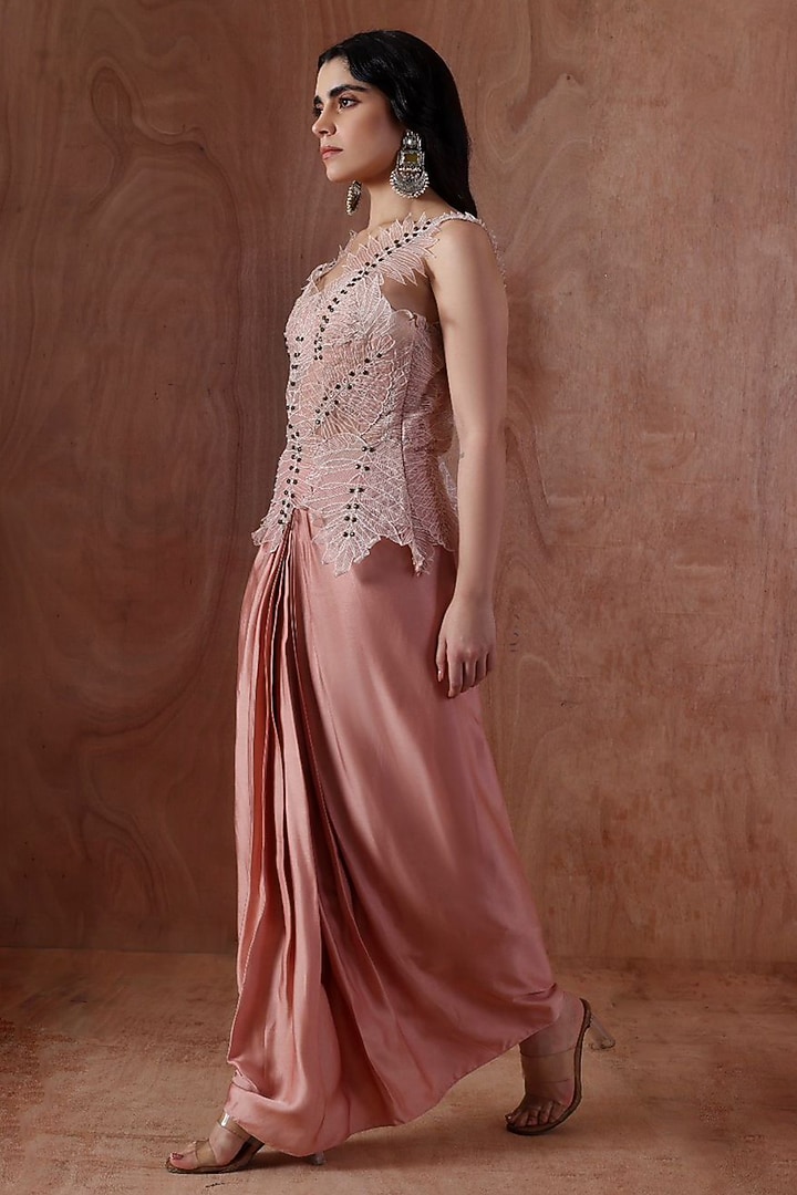 Blush Pink Modal Satin Pleated Skirt Set by Kliitche by Isha Kedia at Pernia's Pop Up Shop