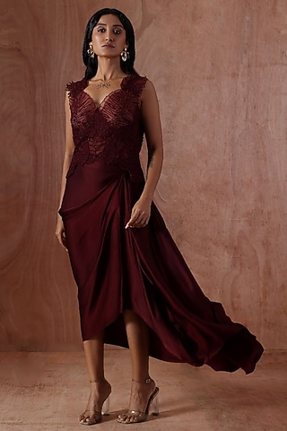 Wine Modal Satin Pleated Skirt Set by Kliitche by Isha Kedia