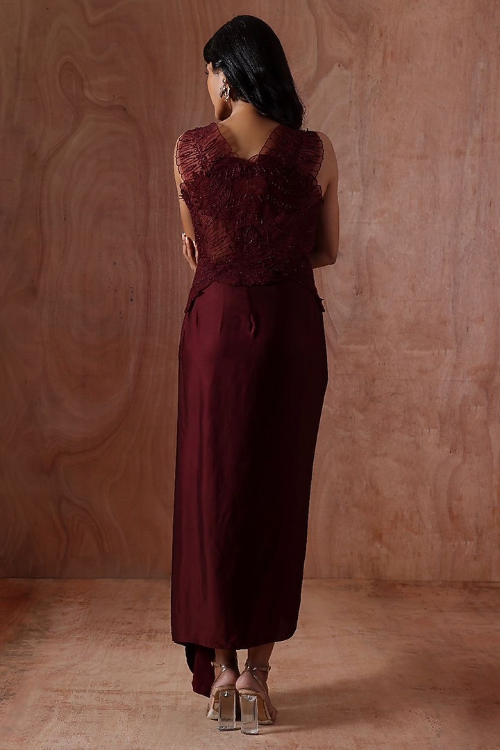 Wine Modal Satin Pleated Skirt Set by Kliitche by Isha Kedia at Pernia's Pop Up Shop
