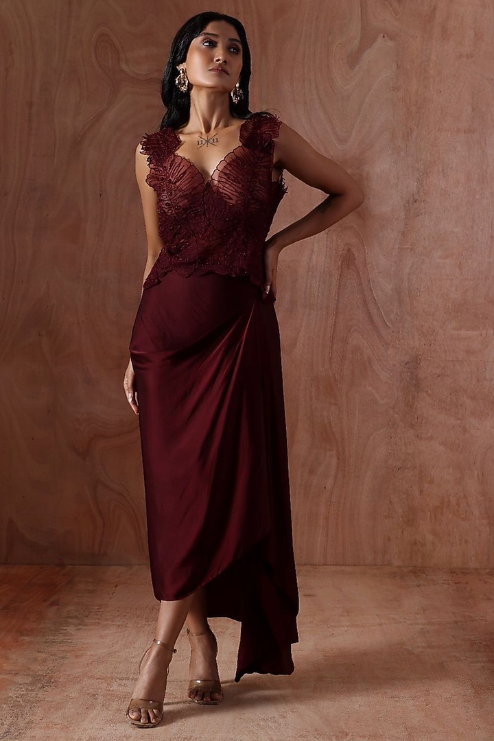 Wine Modal Satin Pleated Skirt Set by Kliitche by Isha Kedia at Pernia's Pop Up Shop