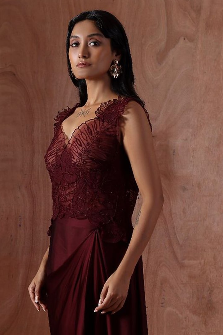 Wine Modal Satin Pleated Skirt Set by Kliitche by Isha Kedia at Pernia's Pop Up Shop