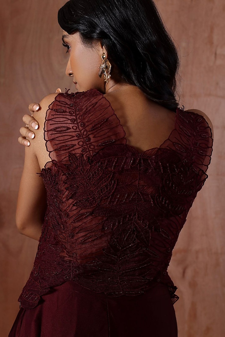 Wine Modal Satin Pleated Skirt Set by Kliitche by Isha Kedia at Pernia's Pop Up Shop