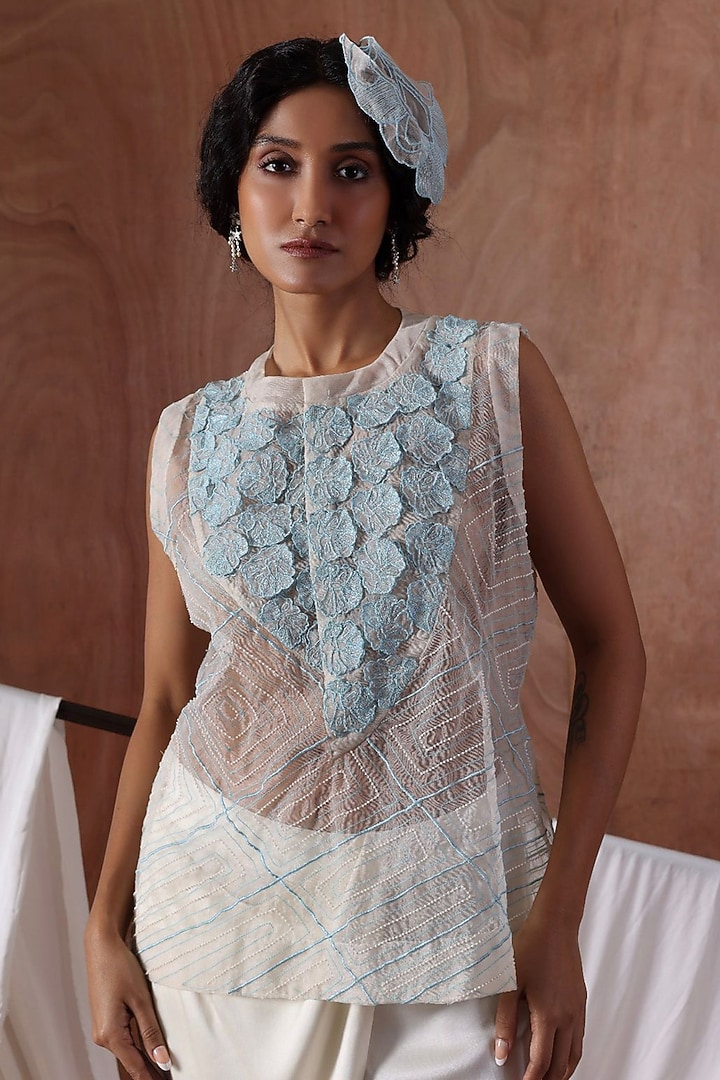 Ivory Organza Applique Work Co-Ord Set by Kliitche by Isha Kedia at Pernia's Pop Up Shop