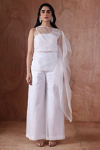 White Organza Flora Embroidered Co-Ord Set by Kliitche by Isha Kedia