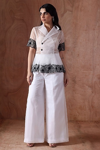White Organza Flora Embroidered Co-Ord Set by Kliitche by Isha Kedia